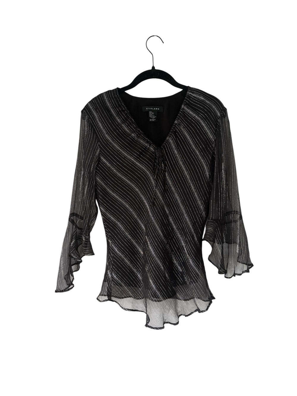 SilkLand Black Sheer V-Neck Blouse with Silver Metallic Stripes